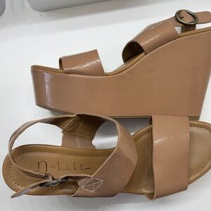 Nicole Miller Nude Patent Wedge Sandals